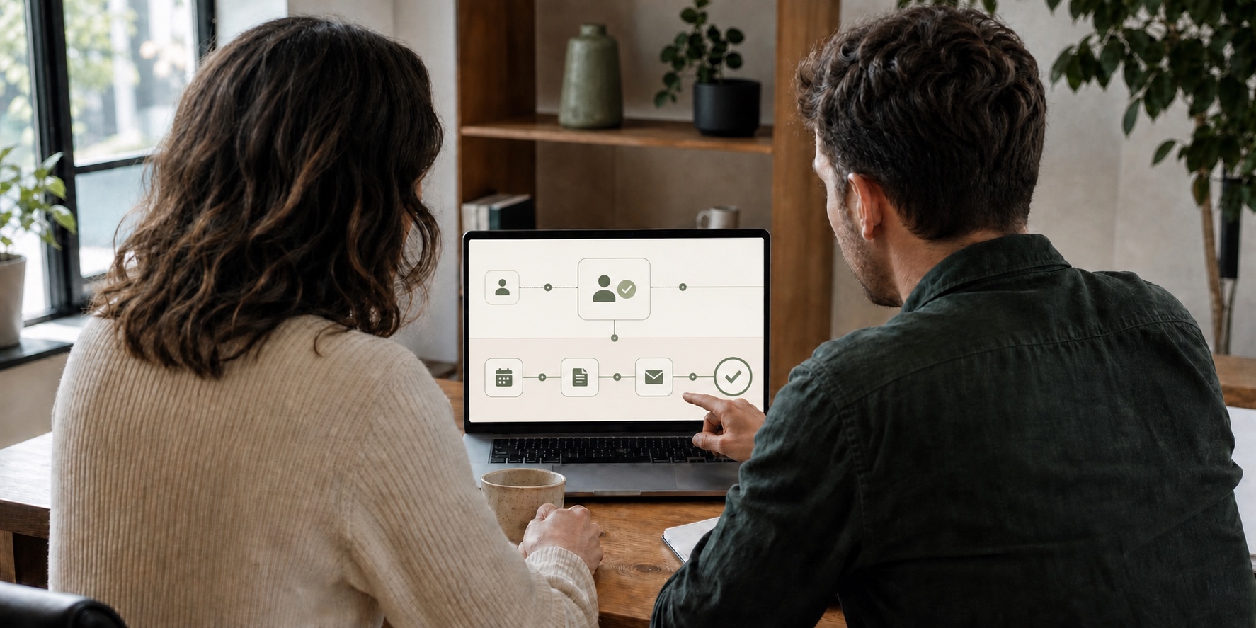 A business owner and automation specialist reviewing a visual workflow that connects human approval with automated scheduling, billing, and follow-up.