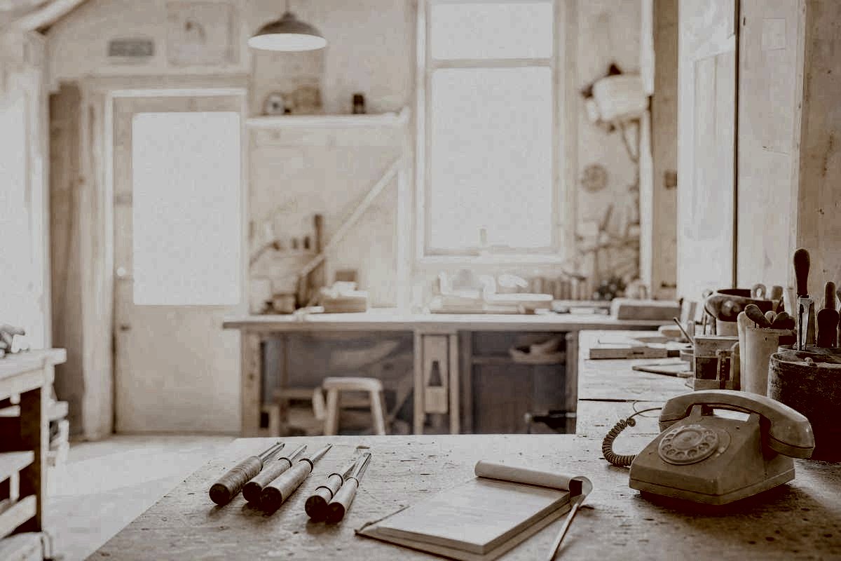 A rotary telephone and an invoice pad sitting unattended on a workshop bench.